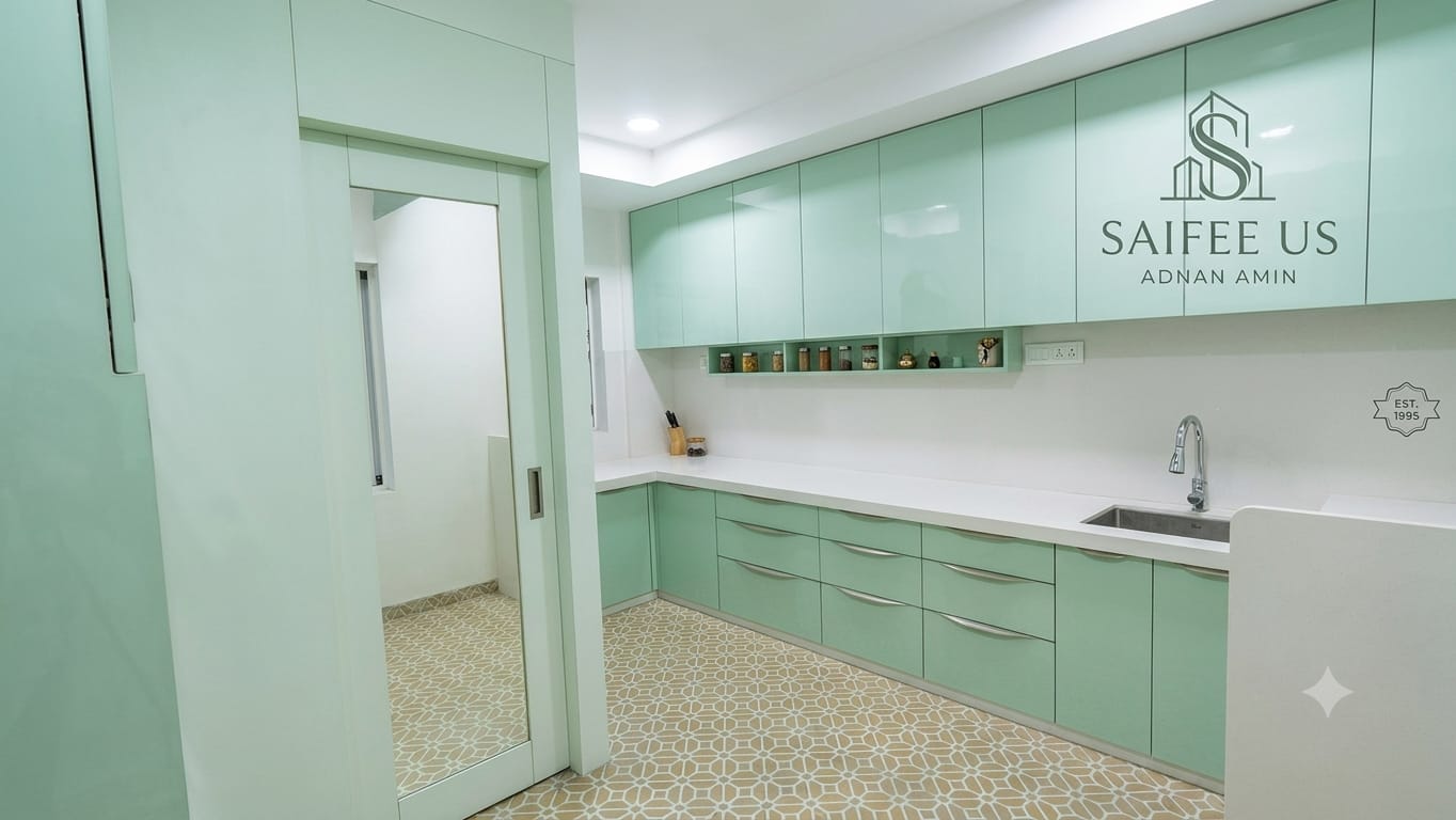 Mint green bespoke kitchen detail